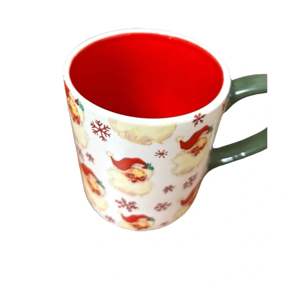 RETRO ROSY CHEEKED SANTA CLAUS MUG VINTAGE STYLE RED INTERIOR GREEN HANDLE 16.7